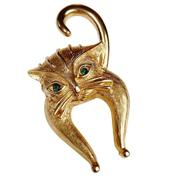 Unusual VTG Mid Century Cat Brooch Gold Tone Green Eyes Figural Whimsical Pin - Picture 1 of 11